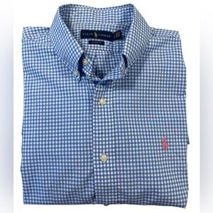 RALPH LAUREN classic fit blue gingham button-down with pink logo, sz L